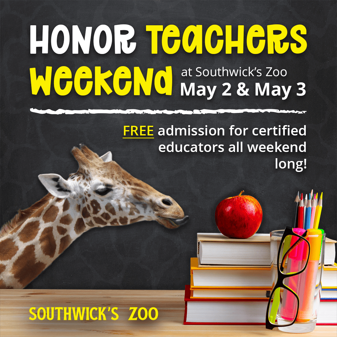 Honor Teachers Weekend at Southwick's Zoo, May 2 - 3, 2026. Free admission for certified teachers