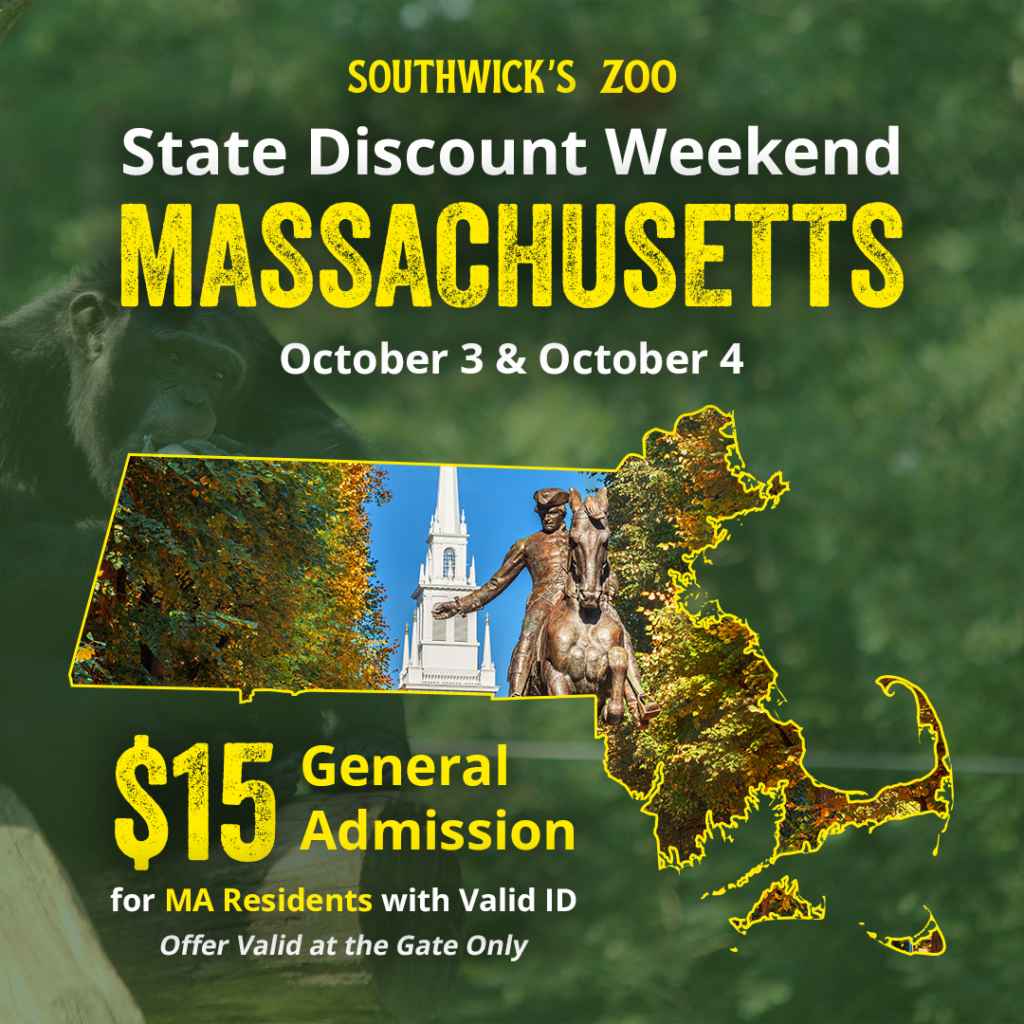MA State Discount Weekend at Southwick's Zoo, $15 admission for MA residents, October 3 and 4