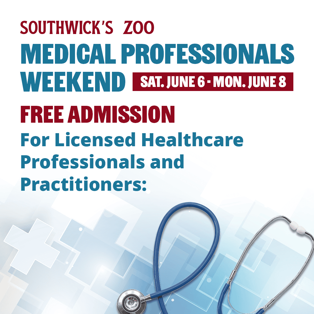 Medical Professionals Weekend at Southwick's Zoo. Free admission for licensed medical professionals June 6-8, 2026