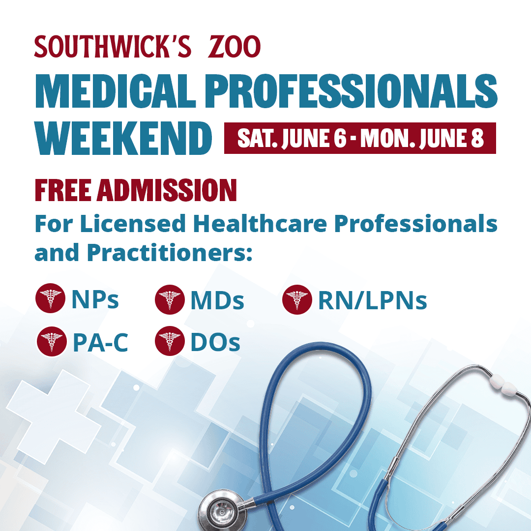 Medical Professionals Weekend at Southwick's Zoo. Free admission for licensed medical professionals June 6-8, 2026