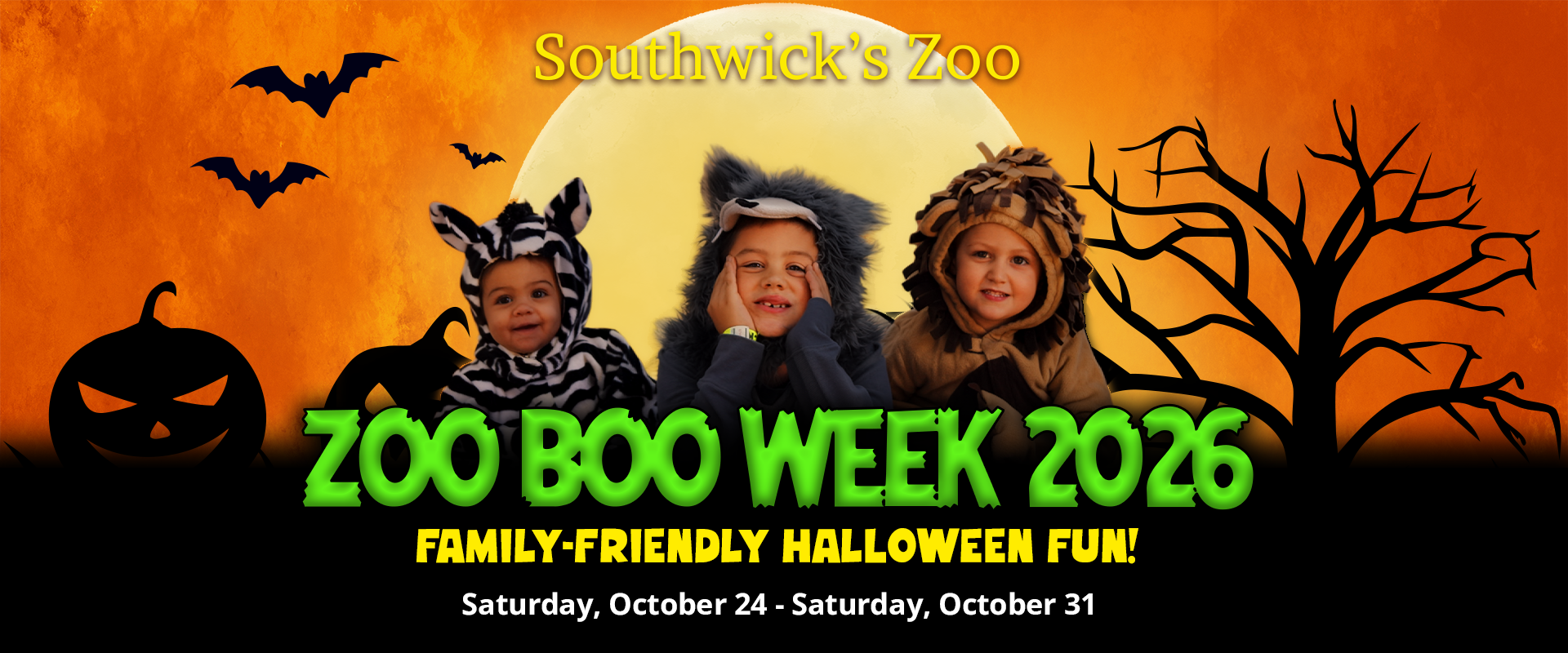 Zoo Boo Week 2026 at Southwick's Zoo, Saturday, October 24 through Saturday, October 31. Up to 2 kids ages 3-12 in costume per paying adult gets free general admission